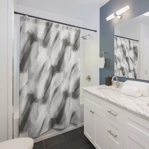 White & Gray Brush Strokes Shower Curtain