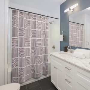 White & Cranberry Abstract Lines Shower Curtain