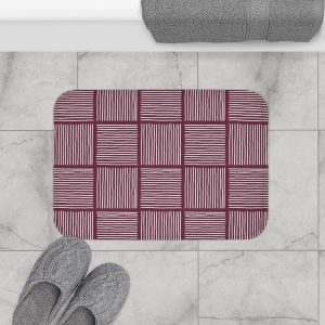 Cranberry & White Abstract Lines Bath Mat