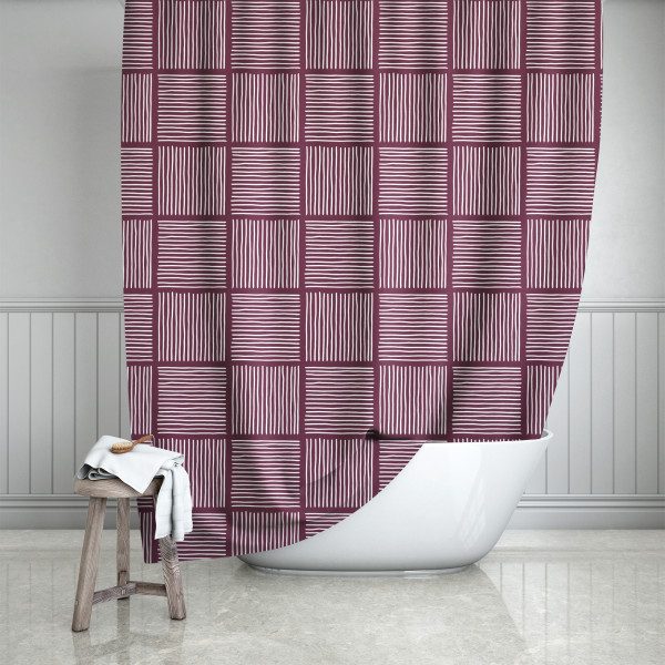 Cranberry & White Abstract Lines Shower Curtain