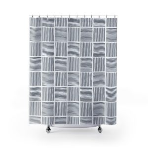White & Midnight Blue Abstract Lines Shower Curtain