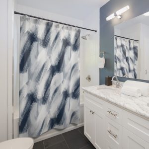 White & Midnight Blue Brush Strokes Shower Curtain