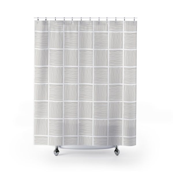White & Taupe Abstract Lines Shower Curtain
