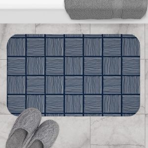 Midnight Blue & White Abstract Lines Bath Mat