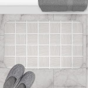 White & Taupe Abstract Lines Bath Mat
