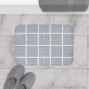 White & Midnight Blue Abstract Lines Bath Mat