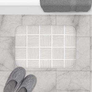 White & Taupe Abstract Lines Bath Mat