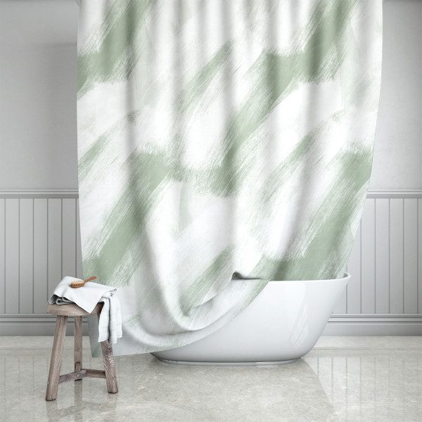 White & Sage Brush Strokes Shower Curtain
