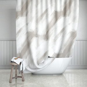 White & Taupe Brush Strokes Shower Curtain