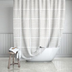 White & Taupe Abstract Lines Shower Curtain