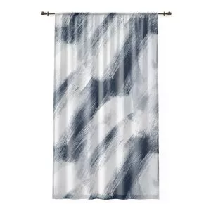 White & Midnight Blue Brush Strokes Sheer Window Curtain