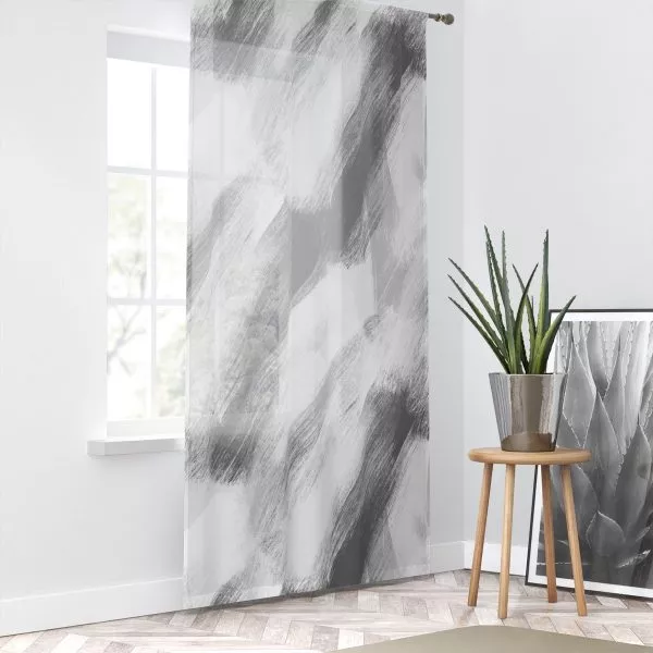 White & Gray Brush Strokes Sheer Window Curtain