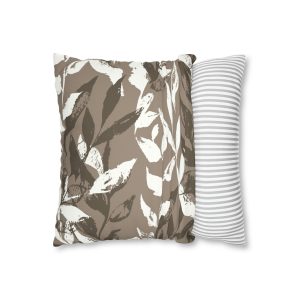 Brown Monochrome Leaves Faux Suede Square Pillow Cover