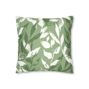 Green Monochrome Leaves Faux Suede Square Pillow Cover
