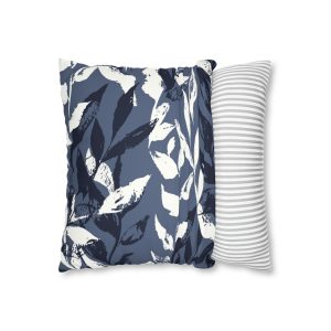 Blue Monochrome Leaves Faux Suede Square Pillow Cover