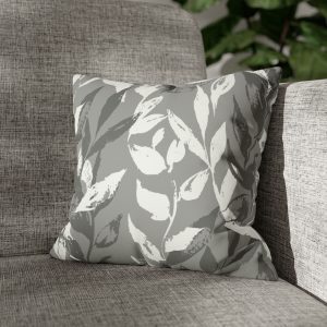 Gray Monochrome Leaves Faux Suede Square Pillow Cover