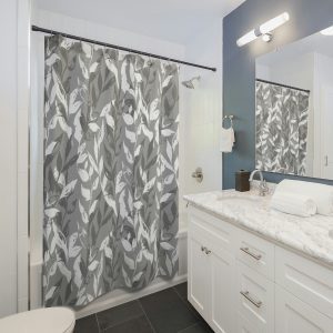 Gray Monochrome Leaves Shower Curtain