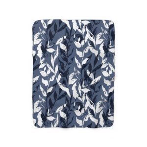 Blue Monochrome Leaves Sherpa Fleece Blanket