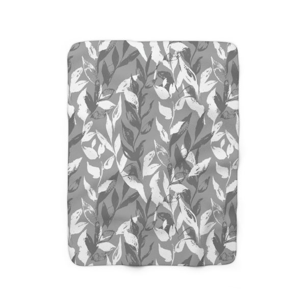 Gray Monochrome Leaves Sherpa Fleece Blanket