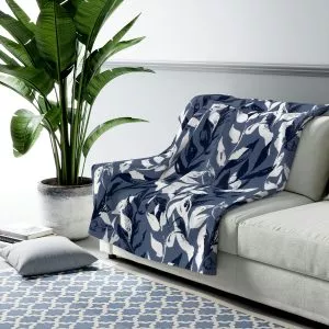 Blue Monochrome Leaves Sherpa Fleece Blanket