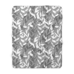 Gray Monochrome Leaves Sherpa Fleece Blanket