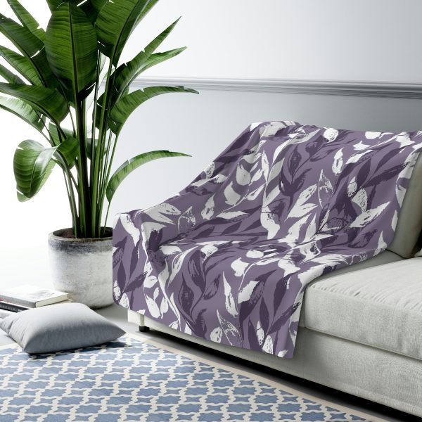 Purple Monochrome Leaves Sherpa Fleece Blanket
