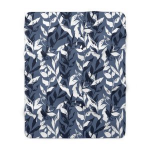 Blue Monochrome Leaves Sherpa Fleece Blanket