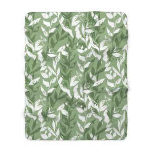 Green Monochrome Leaves Sherpa Fleece Blanket