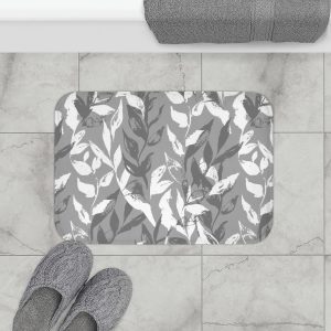 Gray Monochrome Leaves Bath Mat