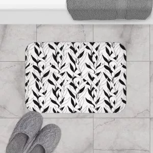 Black & White Leaf Stripes Bath Mat