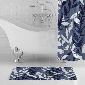 Blue Monochrome Leaves Bath Mat