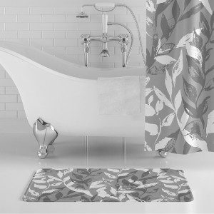 Gray Monochrome Leaves Bath Mat