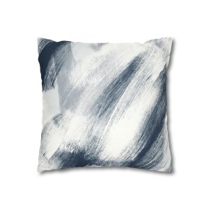 White & Midnight Blue Brush Strokes Faux Suede Square Pillow Cover
