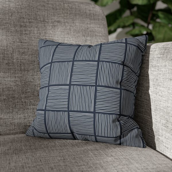 Midnight Blue & White Lines Faux Suede Pillow Cover