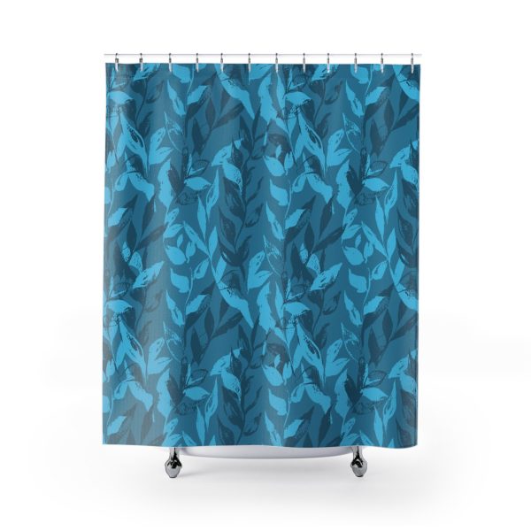 Horizon Blue Monochrome Leaves Shower Curtain