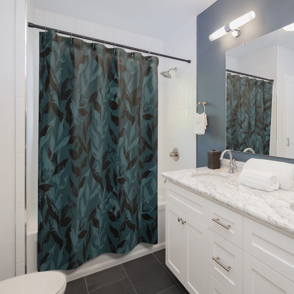 Teal Monochrome Leaves Shower Curtain