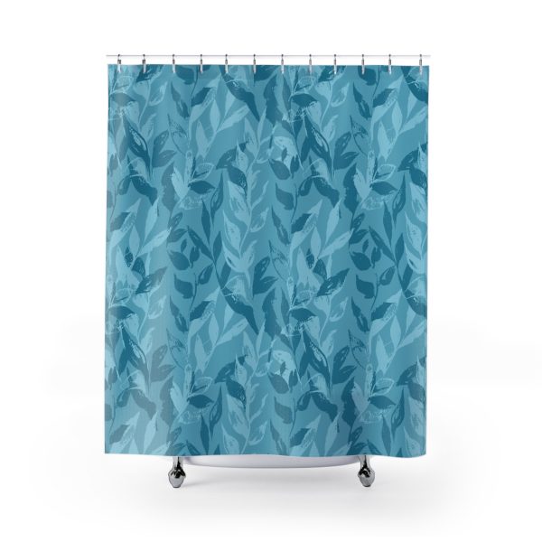 Aqua Monochrome Leaves Shower Curtain