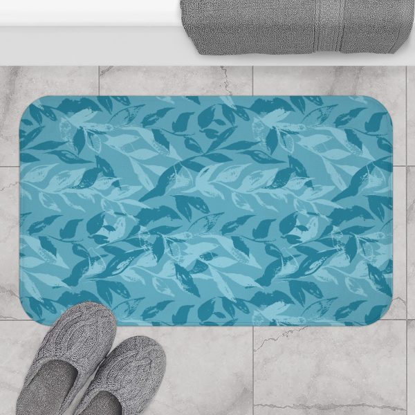 Aqua Monochrome Leaves Bath Mat