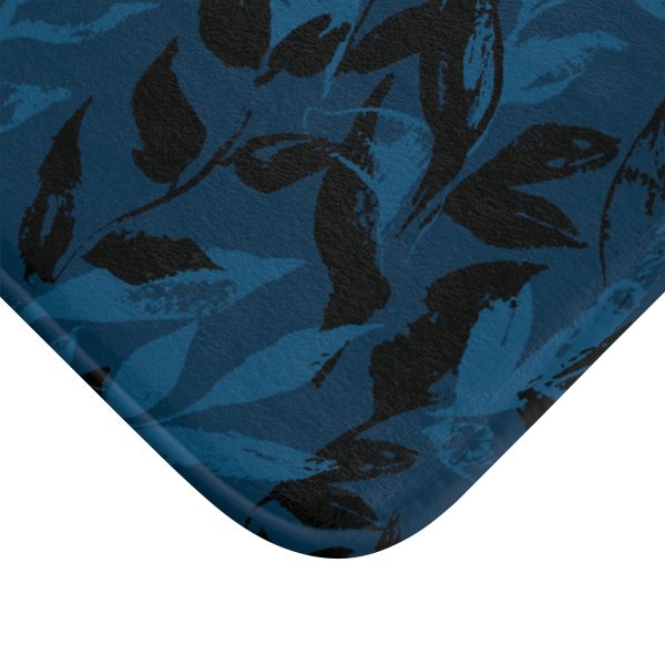 Deep Blue Monochrome Leaves Bath Mat