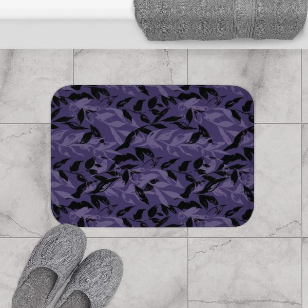 Dark Purple Monochrome Leaves Bath Mat