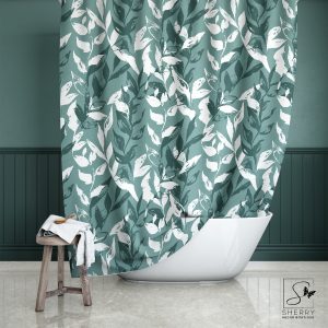 Bistro Green Monochrome Leaves Shower Curtain