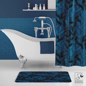 Deep Blue Monochrome Leaves Bath Mat