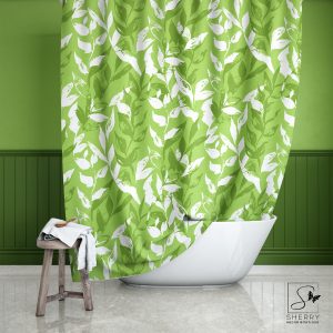 Lime Monochrome Leaves Shower Curtain