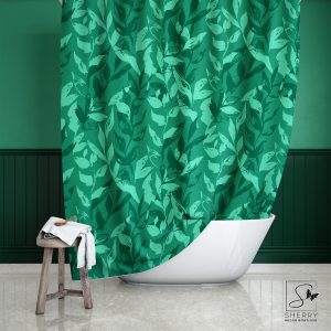 Mint Monochrome Leaves Shower Curtain