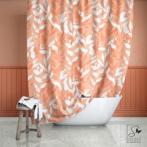 Peach Monochrome Leaves Shower Curtain