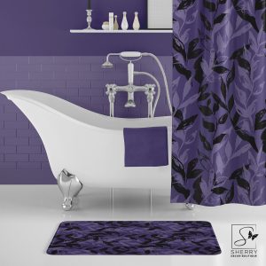 Dark Purple Monochrome Leaves Bath Mat